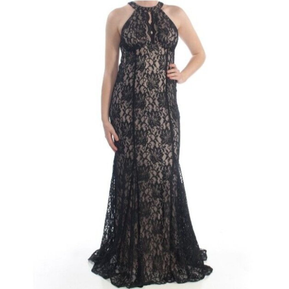 Nwt Women's R&M Nightway Lace/Nude Glitter Black Evening Dress Size 8